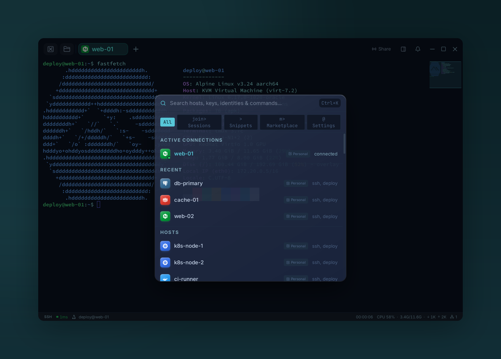 Command palette open over the workspace