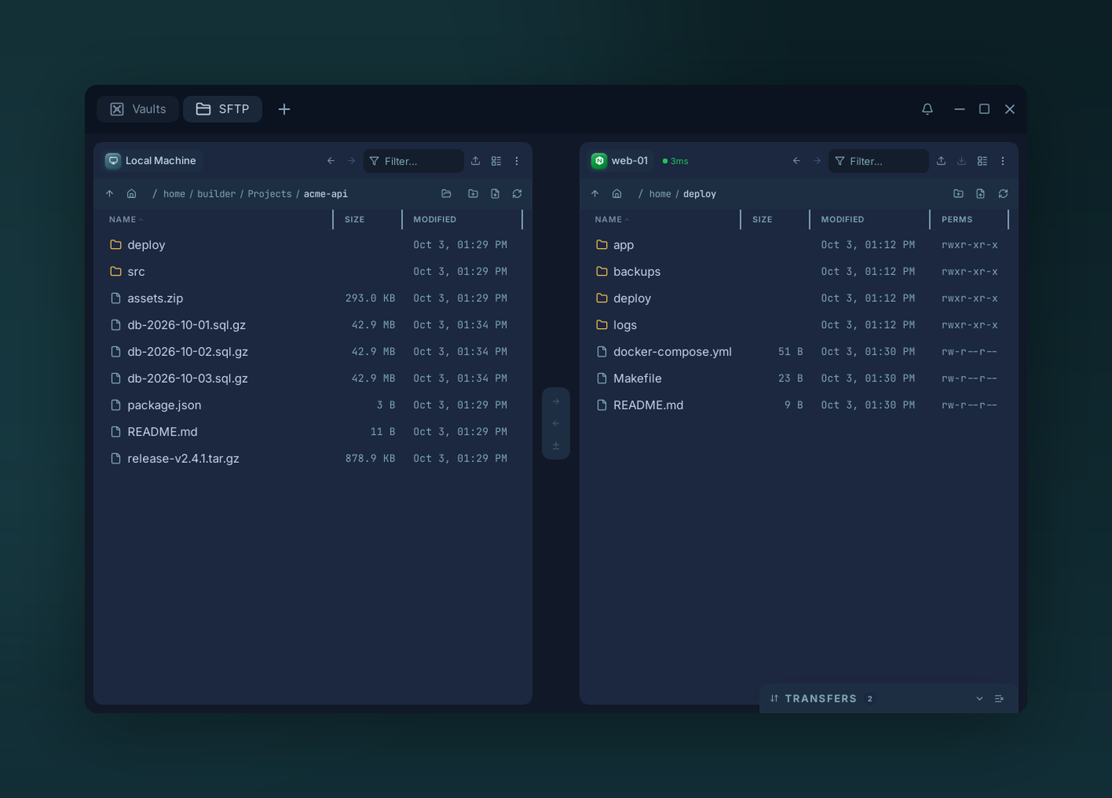 Dual-pane SFTP file manager