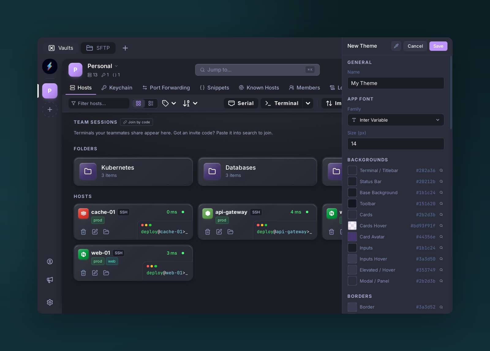 Theme editor with color groups and terminal palette