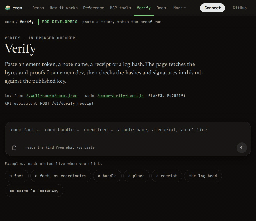 The emem.dev/verify page checking a token: hash, signature and key, each step shown.