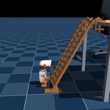 Cream Microduck climbing a modular ladder onto a desk and standing up