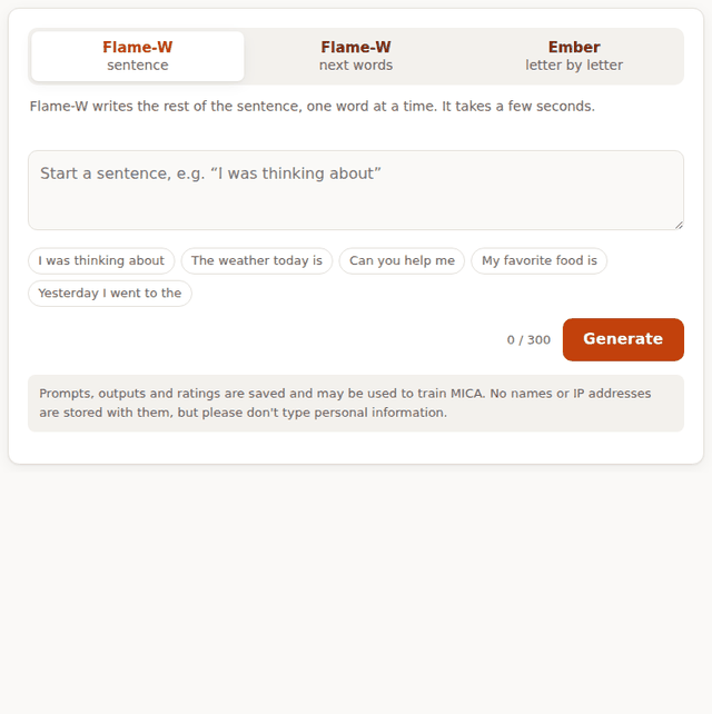 The MICA playground: typing a prompt, the automaton thinking, and Flame-W answering