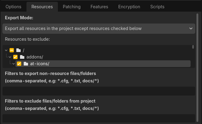 Screenshot of the Export menu of the Godot Engine, displaying the required options to exclude the addon resources from being exported.