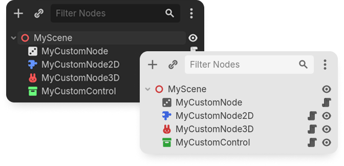 Two screenshots of a sample Godot scene tree showing nodes with custom icons applied, with the interface set to a dark and light theme respectively.