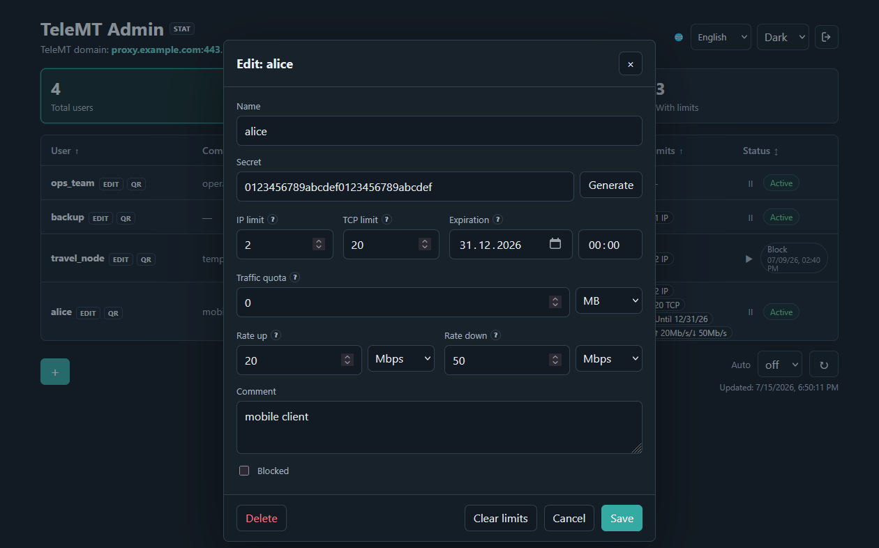 English user settings