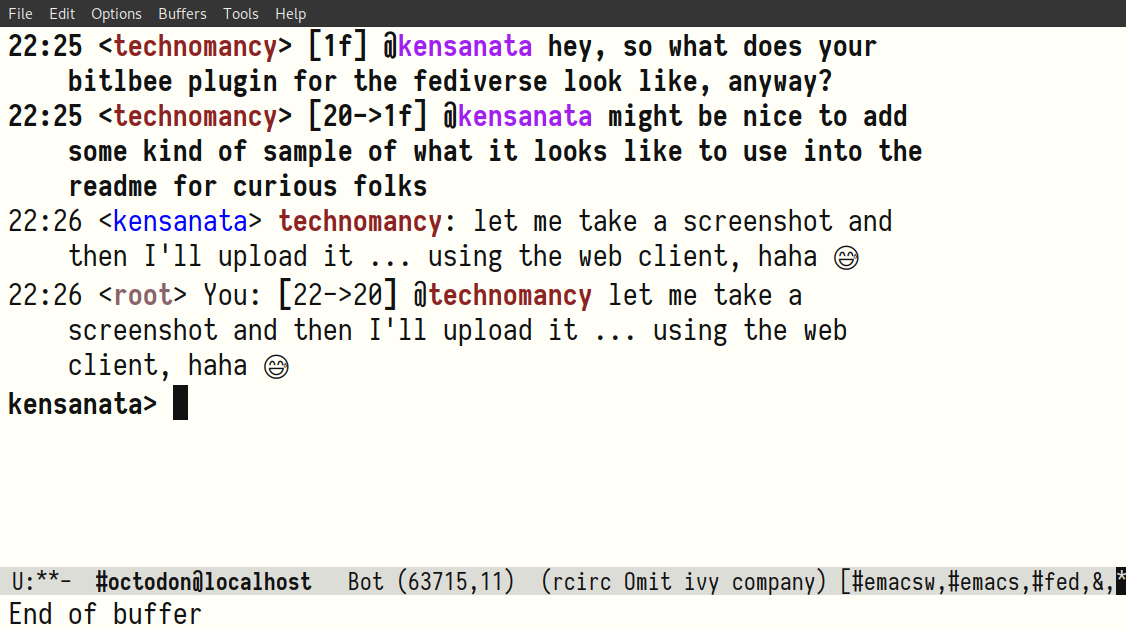 A screenshot of Emacs running the rcirc IRC client connected to a Mastodon instance via Bitlbee