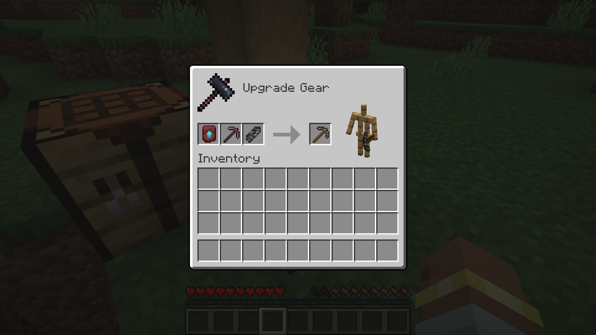 A Smithing Table screen with input (left to right) Netherite Upgrade Smithing Template, Netherite Pickaxe, and Bedrock Shard.