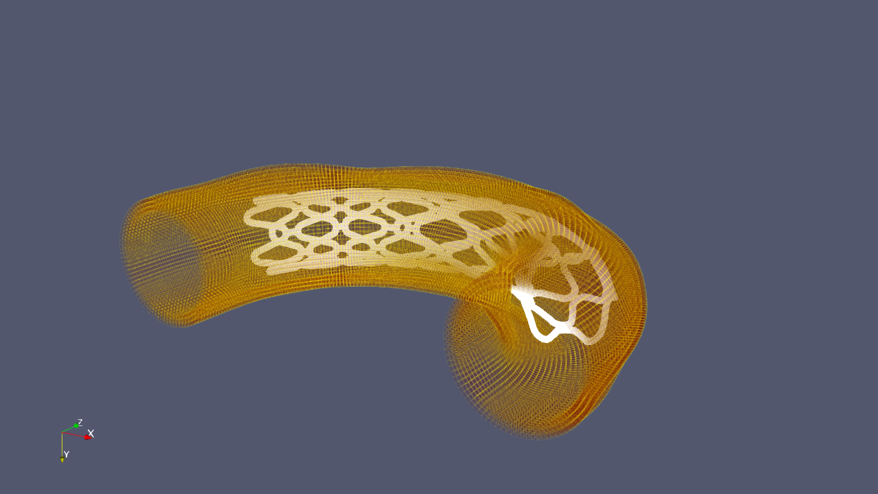 Stent beam mesh warped into a curved artery, viewed in ParaView