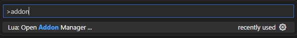 VSCode editor command suggestion showing: Lua: Open Addon Manager ...