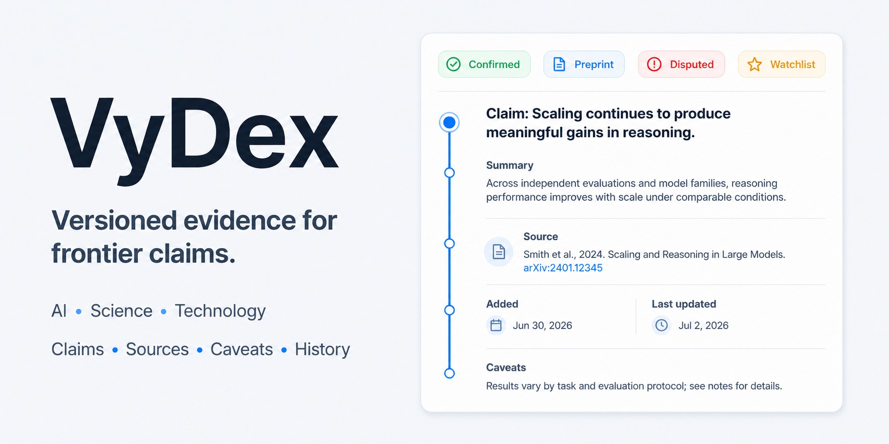 VyDex — versioned evidence for frontier claims
