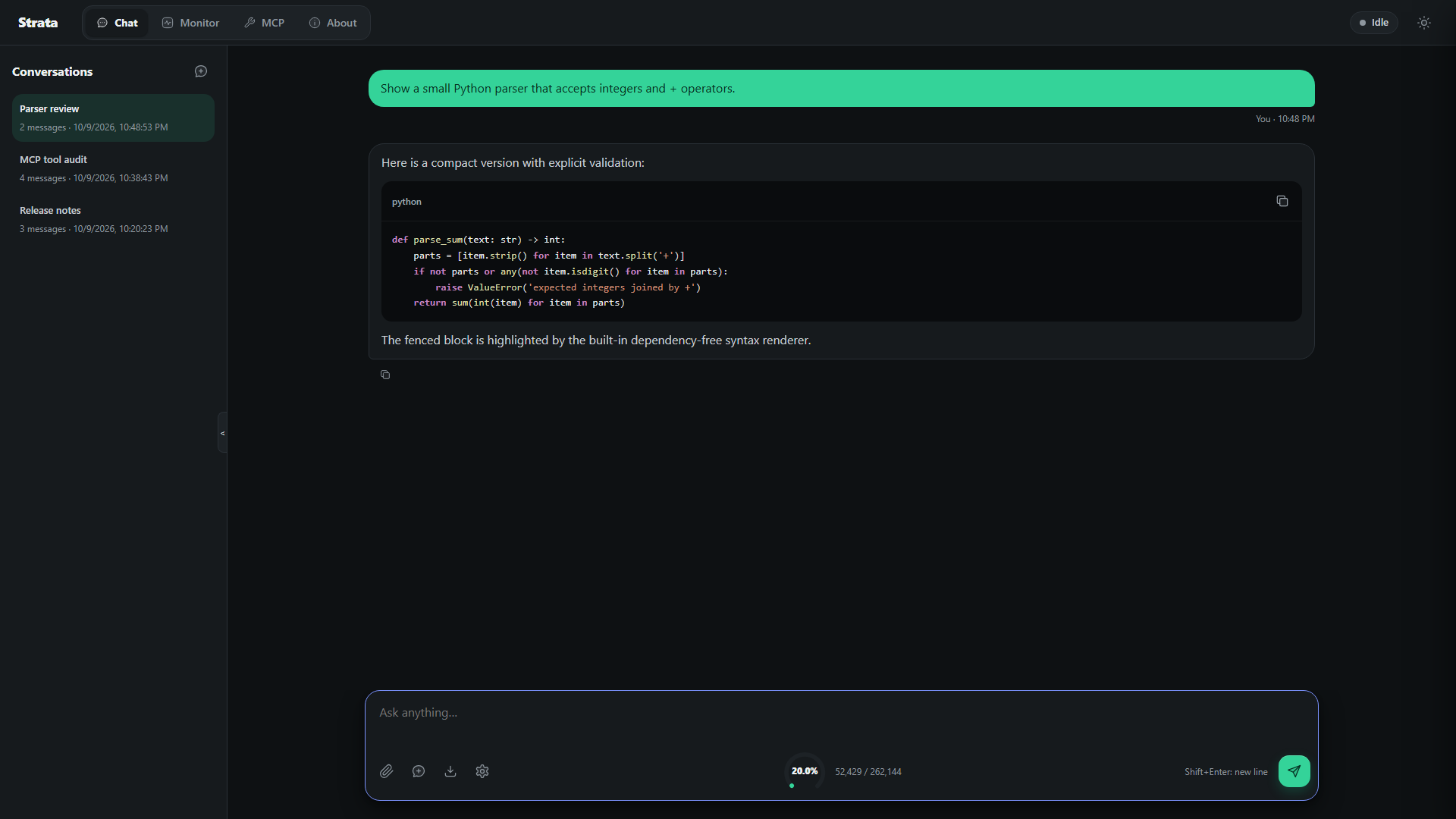Persistent conversations, syntax highlighting, and context gauge