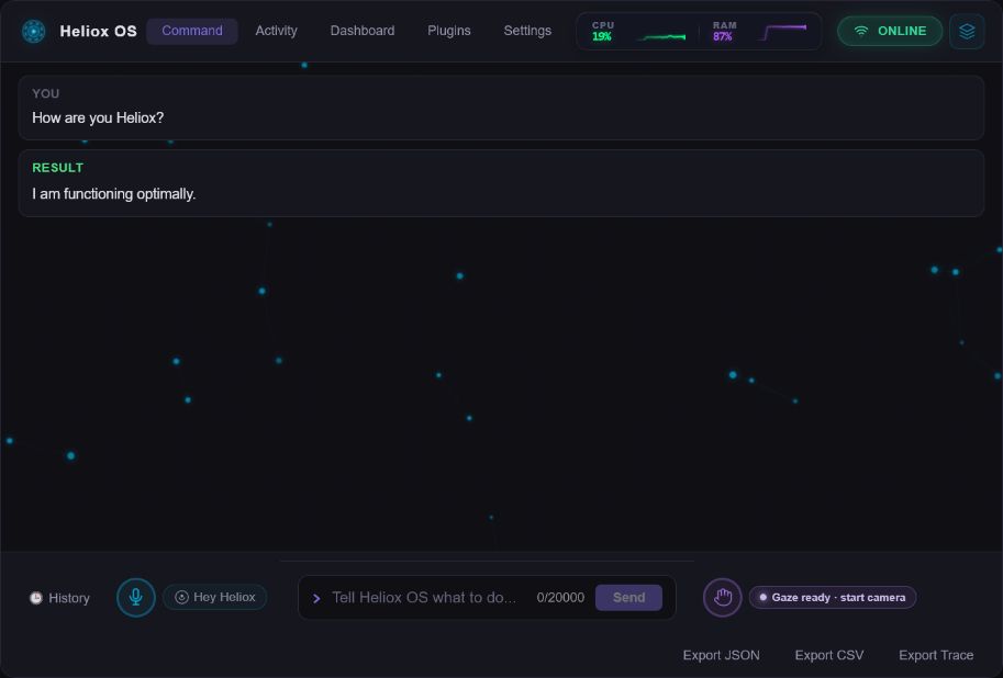 Heliox OS Command Center in dark mode