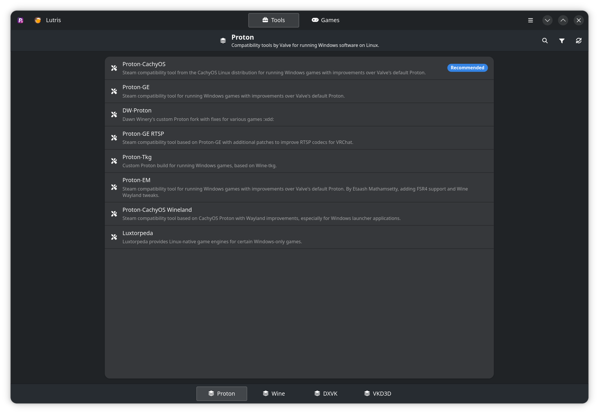 ProtonPlus tools view