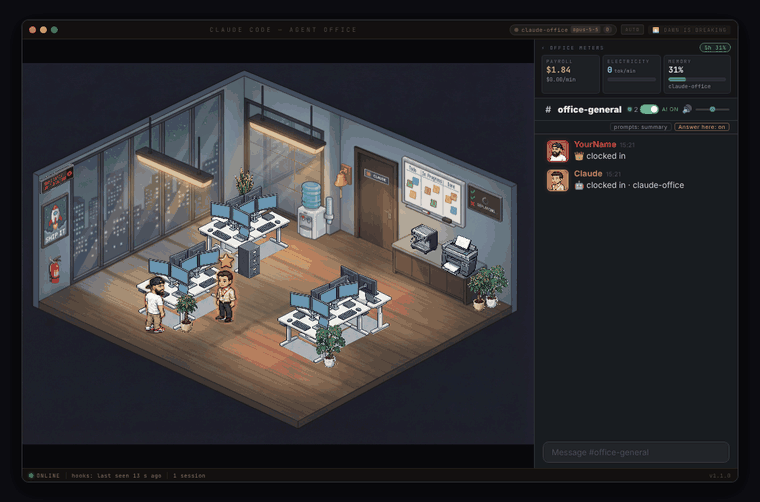 The boss hands the prompt to Claude, workers come and go, Claude holds a glass of water while a worker is out, then falls asleep