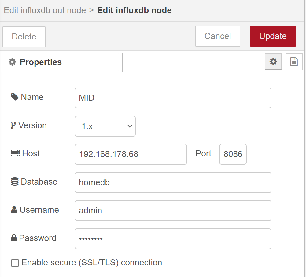 Edit Server of InfluxDB Node