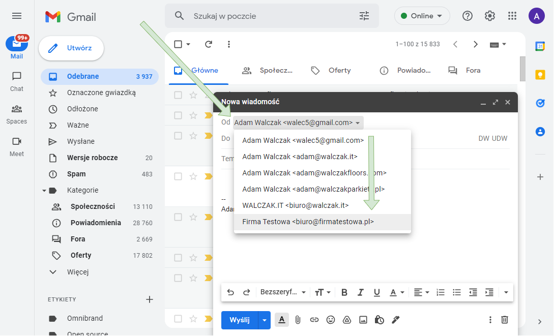Wybór adresu nadawcy w Gmail