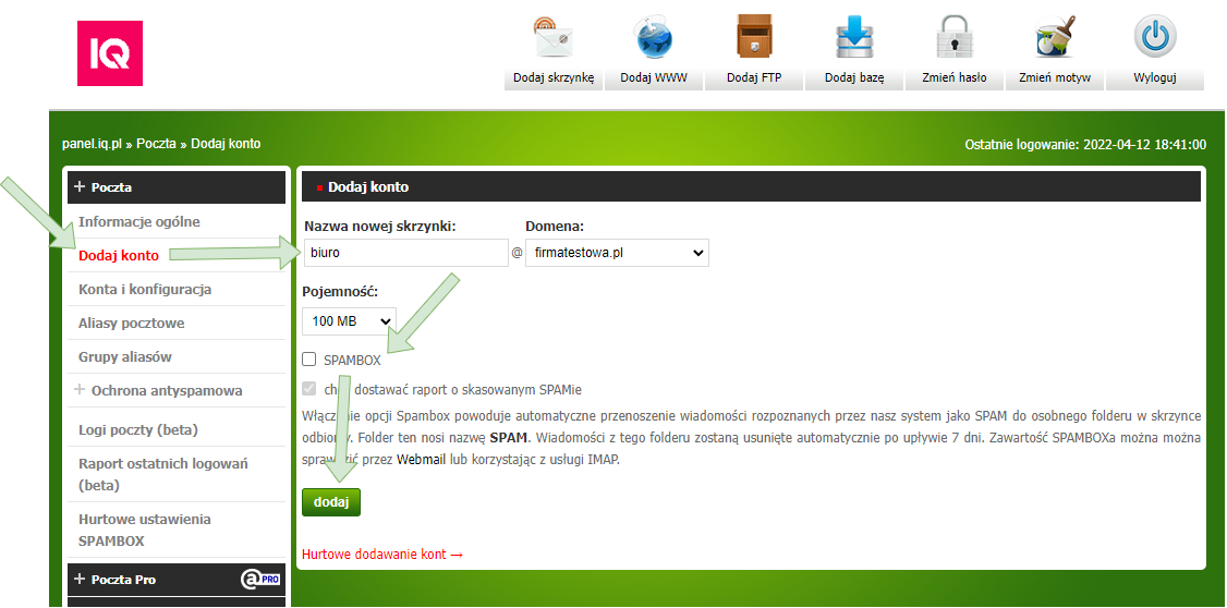 Dodawanie konta email w IQ PL