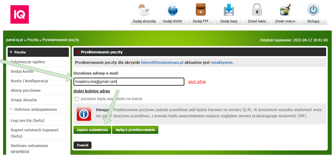 Adres docelowy przekierowania poczty