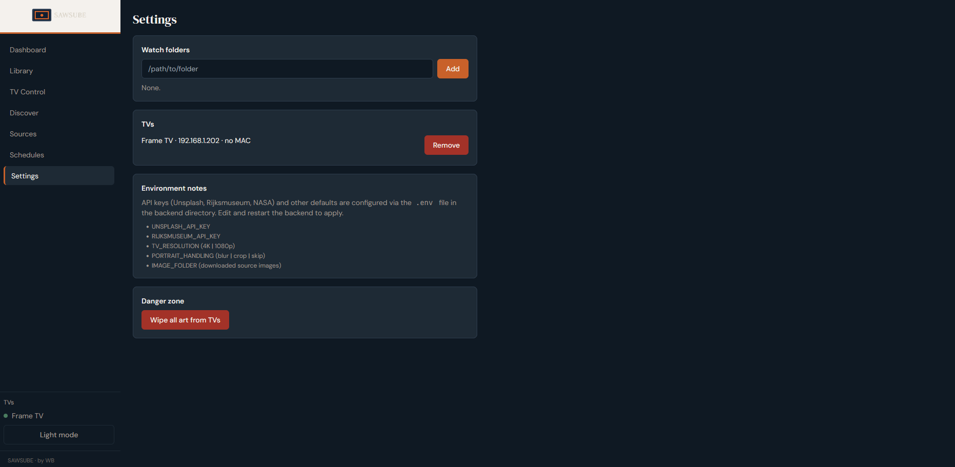 Settings — dark mode