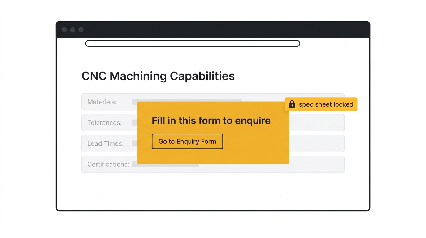 A mock engineering capabilities web page where the spec sheet and tolerances are blocked by a contact form overlay.