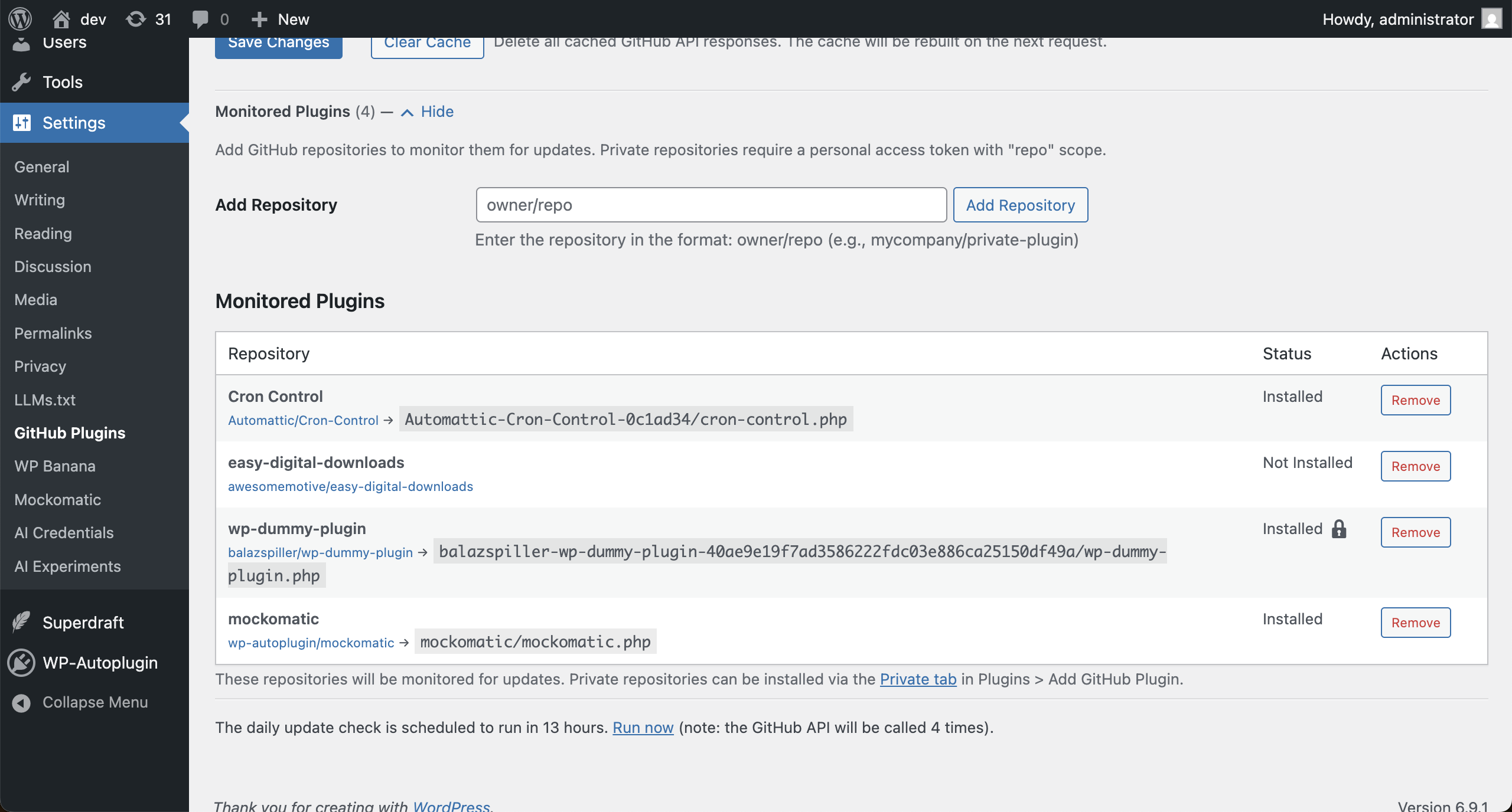 Set up Update Monitoring for Plugins on the Settings Page