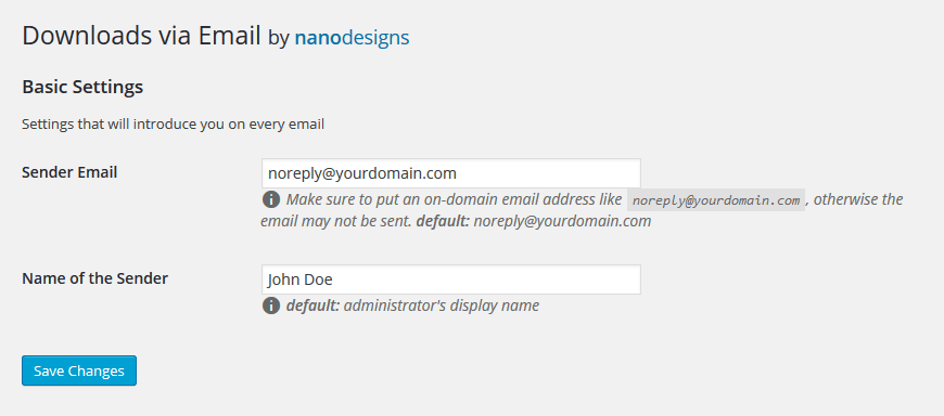 Download via Email - the admin panel settings page