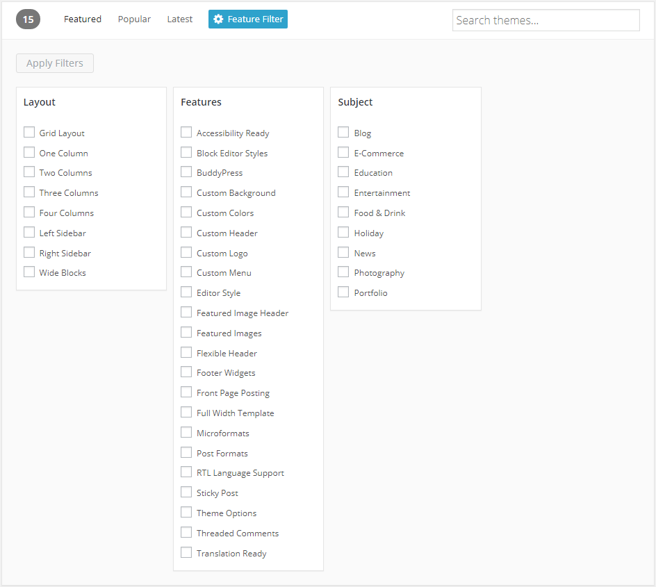 The feature filter lets you select theme features by checking different checkboxes in a form.