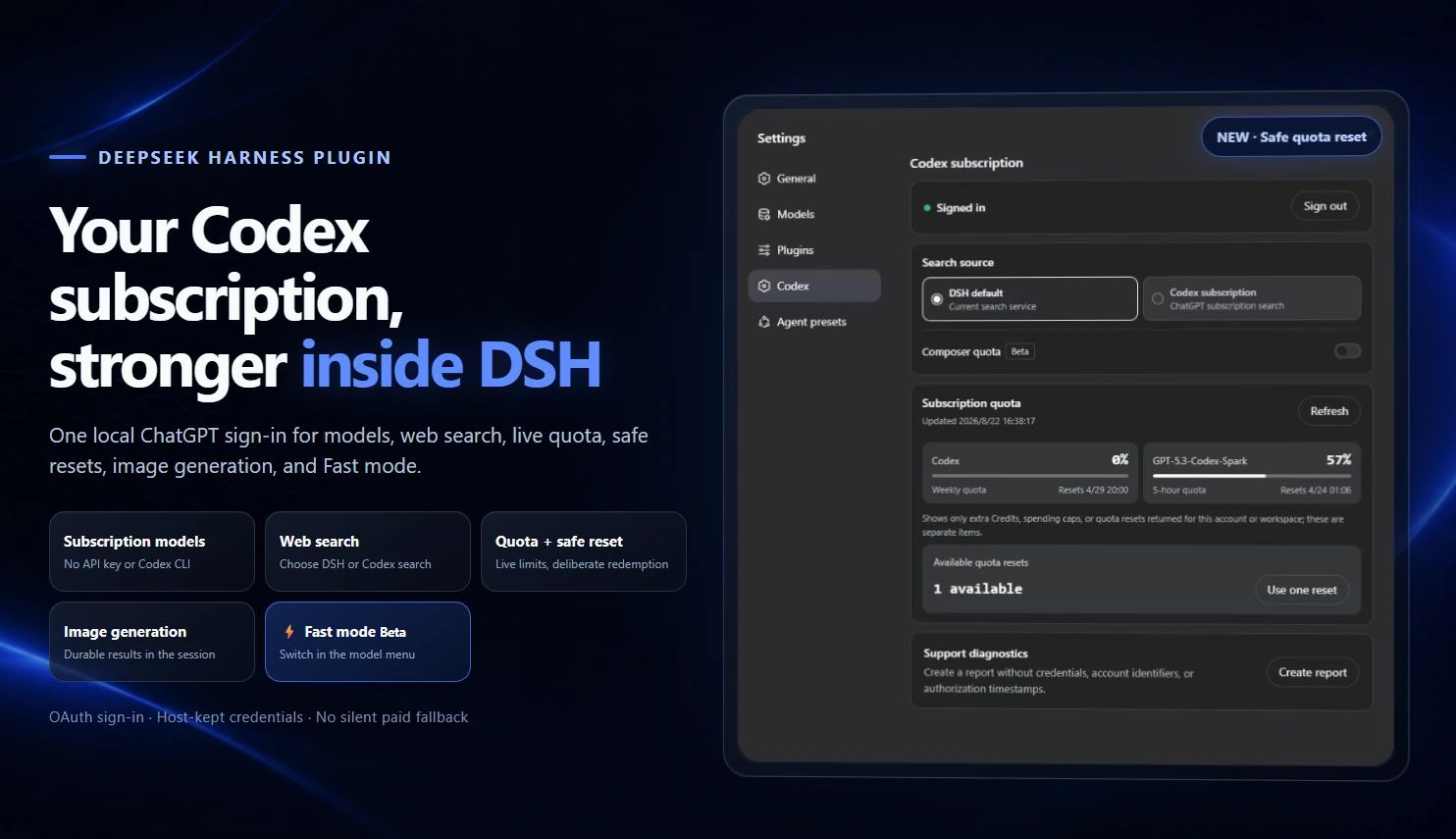 Your Codex subscription inside DSH: models, web search, quota and safe reset, image generation, and Fast mode