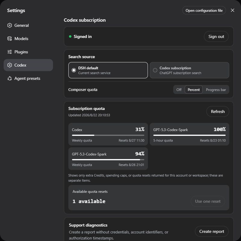 Codex subscription settings in DeepSeek Harness