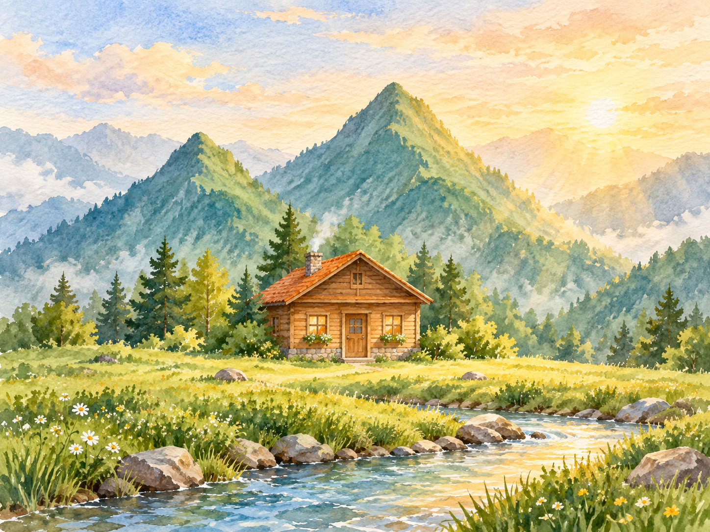 根据草图生成的水彩山间小屋