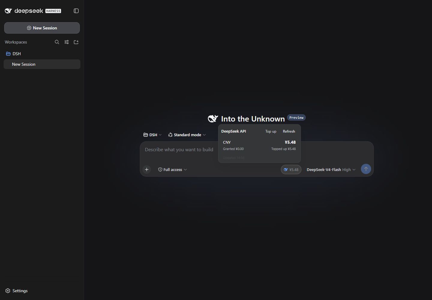DeepSeek API cash balance pill and detail panel in the DeepSeek Harness composer