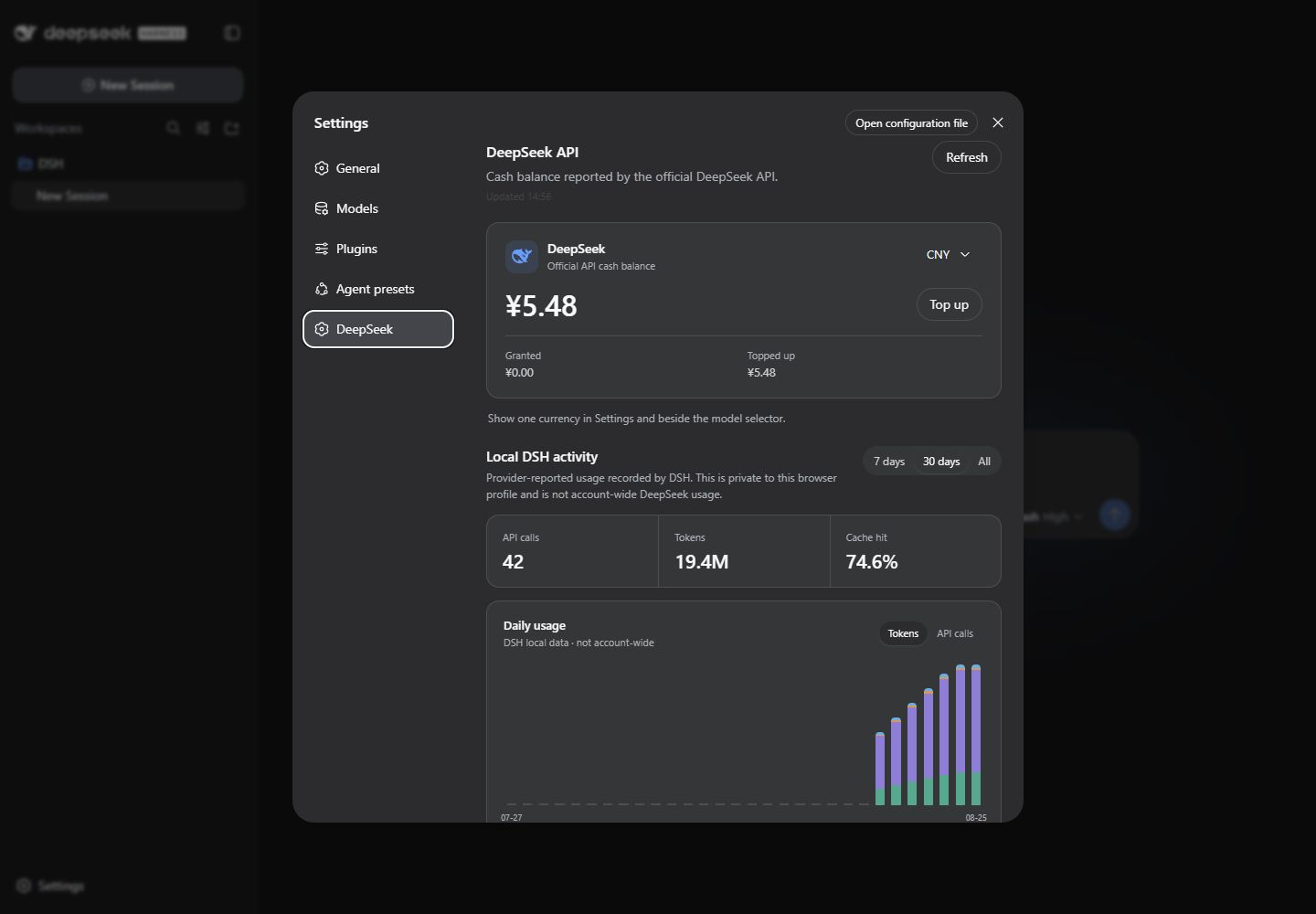 DeepSeek API cash balance with local request and token usage charts in DeepSeek Harness Settings