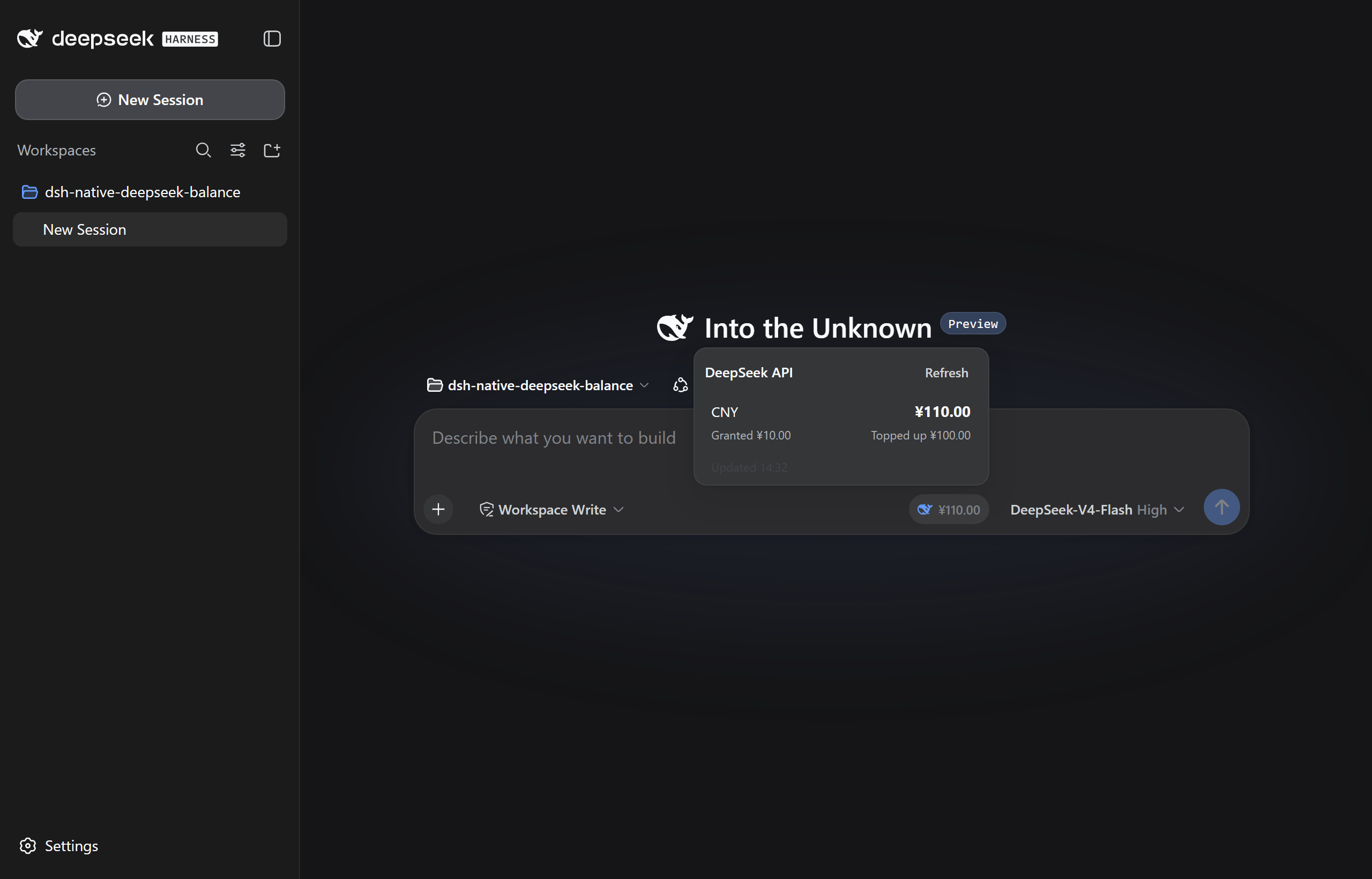 DeepSeek API cash balance pill and detail panel in the DeepSeek Harness composer