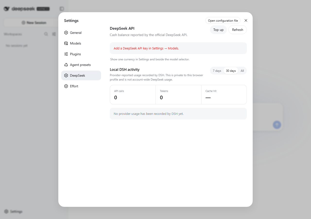 DeepSeek API cash balance with local request and token usage charts in DeepSeek Harness Settings