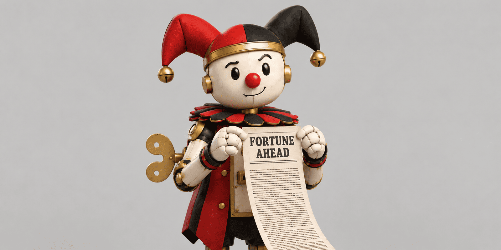 Mr. Caveat holding a fortune ticket whose fine print runs off the card