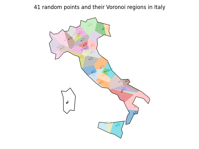 Voronoi regions of random points across Italy
