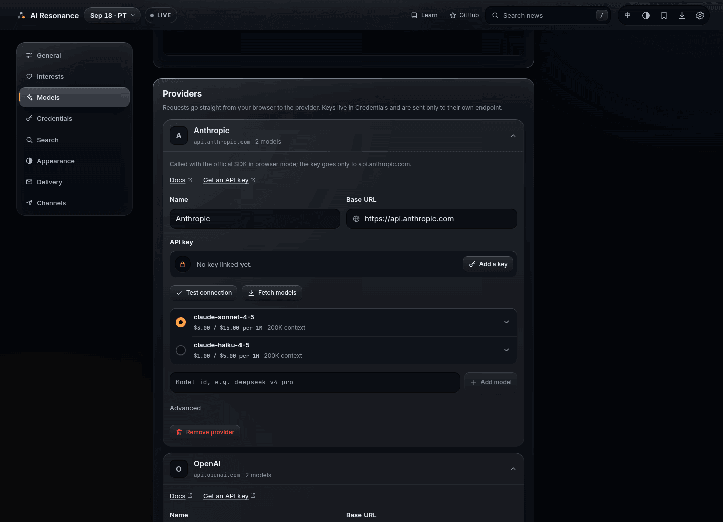 BYOK model manager with prices and thinking-effort levels