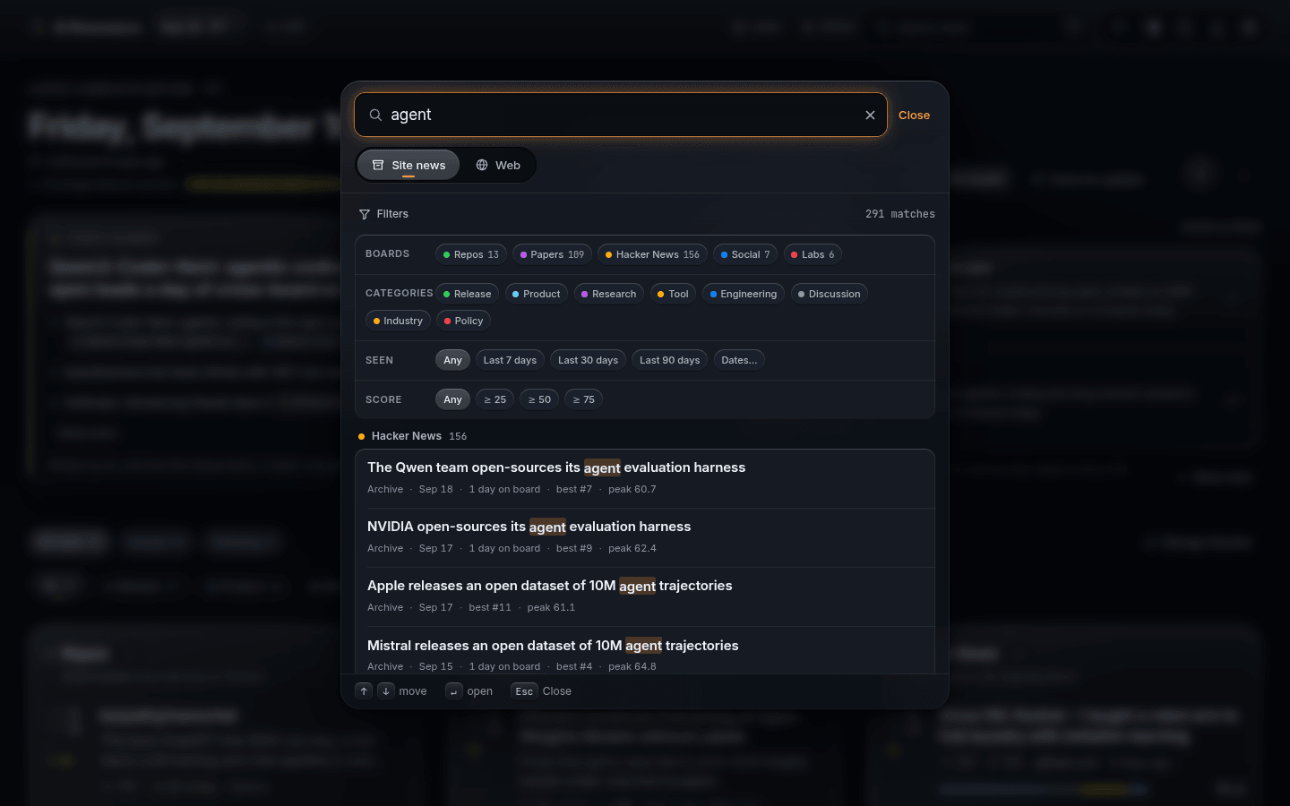 Search palette over the archive