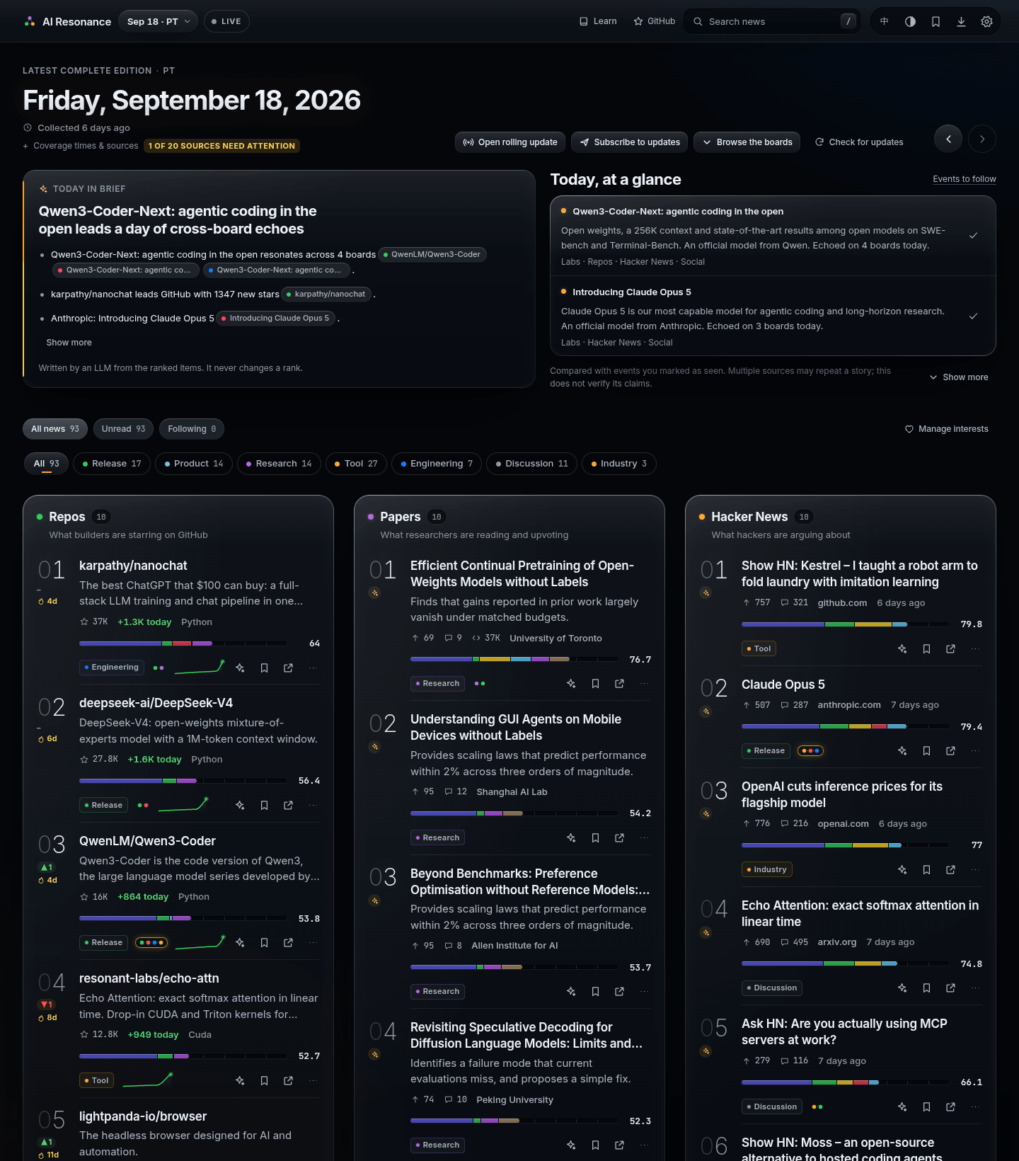 Today's edition on desktop: the hero date, today's brief and events at a glance on glass panels, the filters and the board grid (dark theme)
