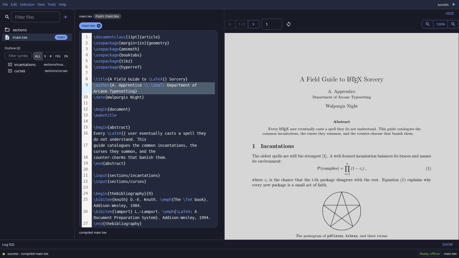 Maleficium with a LaTeX project open: file tree and outline, the editor, and the compiled PDF side by side