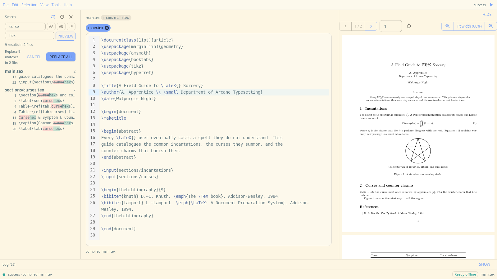 A replace preview in a light theme, each match shown struck through beside its replacement