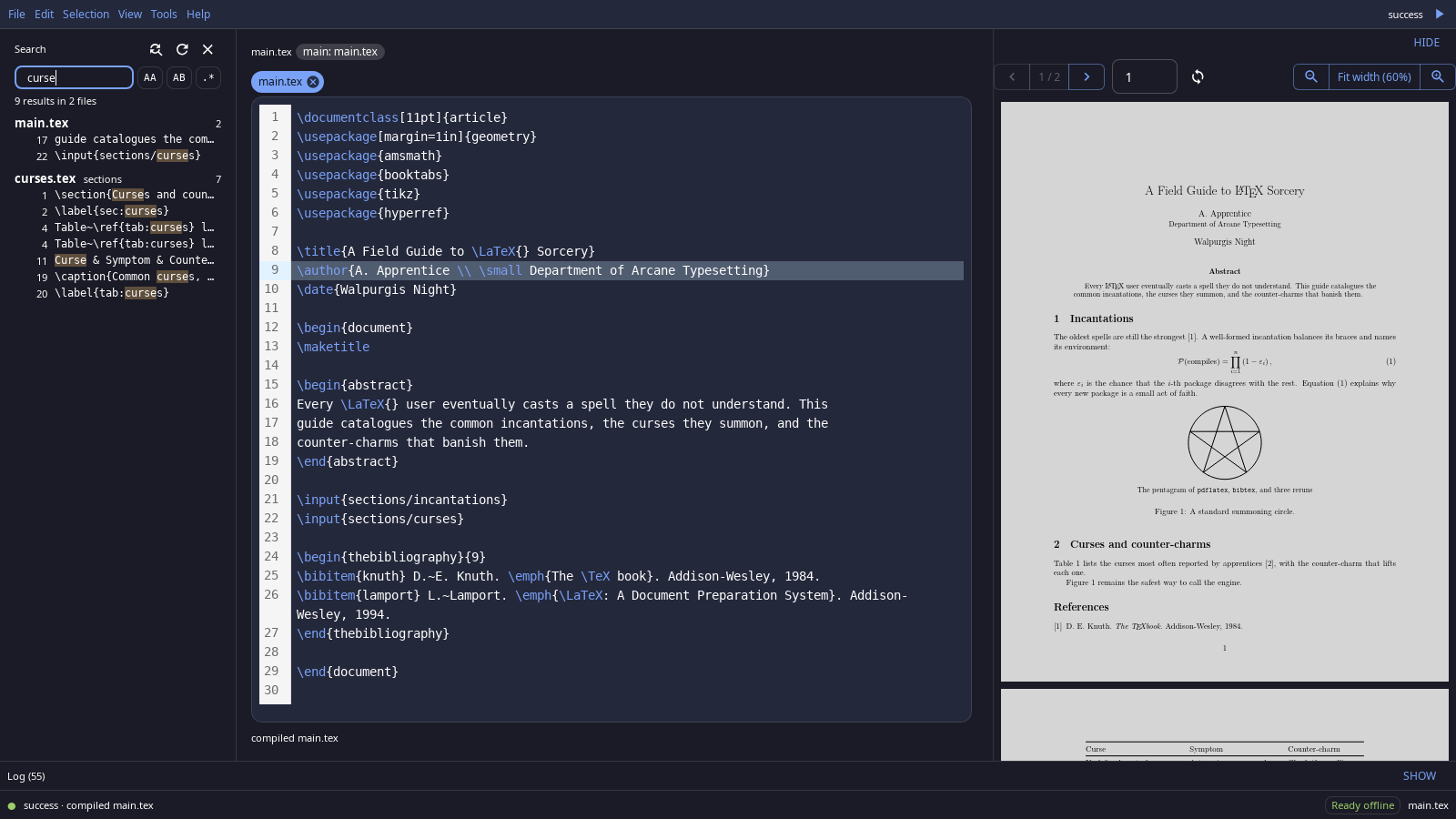 Project-wide search in the dark theme, with matches grouped by file