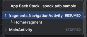 App back stack: the app's activities top first, each with its state and the fragments under it