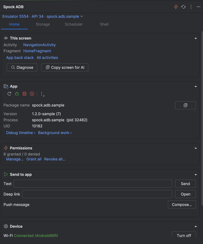 Spock ADB Home: the screen it is on, the app and its lifecycle toolbar