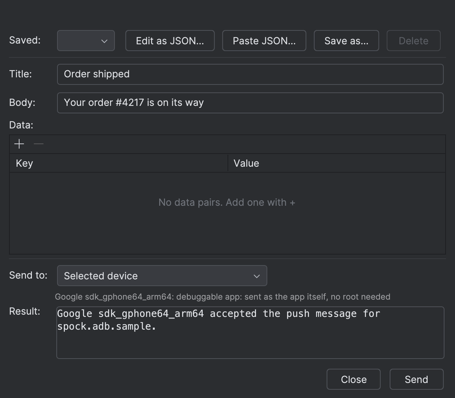 Send Push Message editor: title, body, data pairs, target device and the accepted result