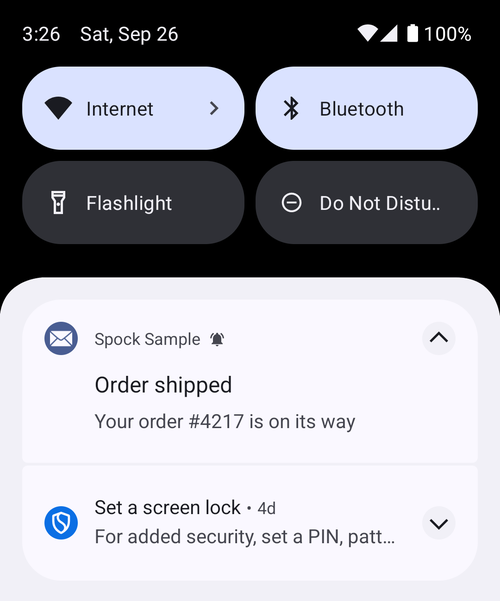 The notification the sample app shows for the pushed message