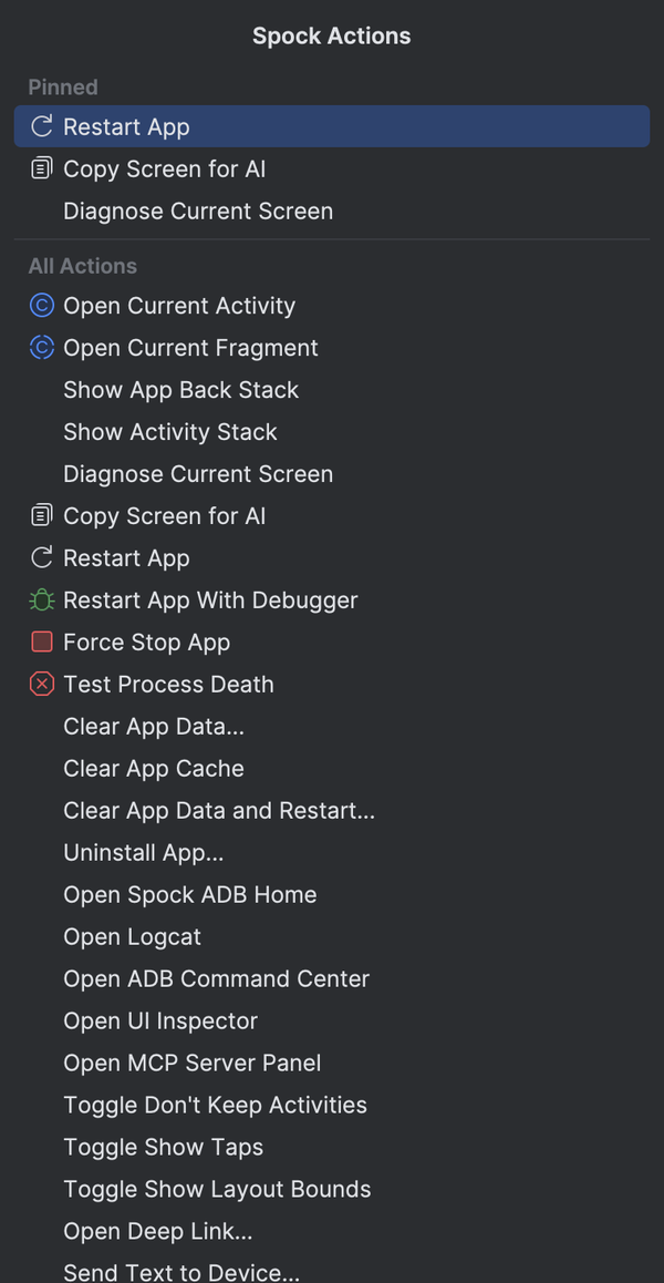 Spock Actions popup with pinned and all actions