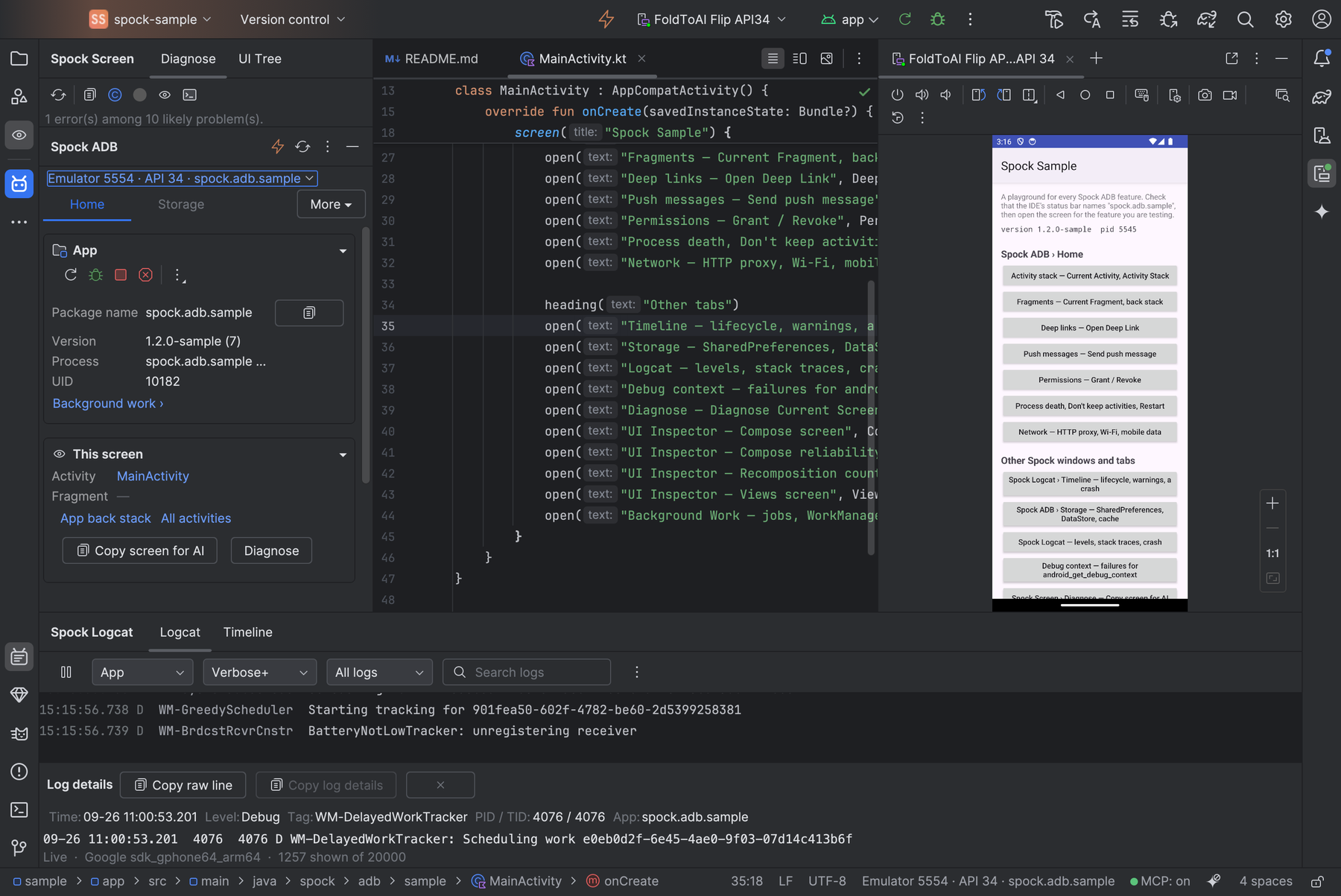Spock ADB in Android Studio: Spock Screen and Spock ADB on the left, Spock Logcat at the bottom, device, app and MCP state in the status bar