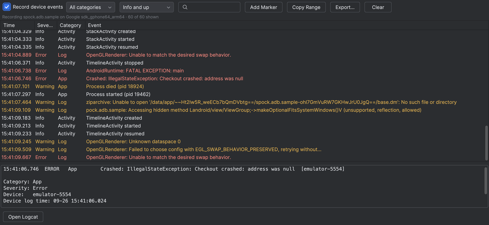 Spock Logcat's Timeline tab