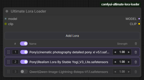 A disabled row alongside two enabled, highlighted rows